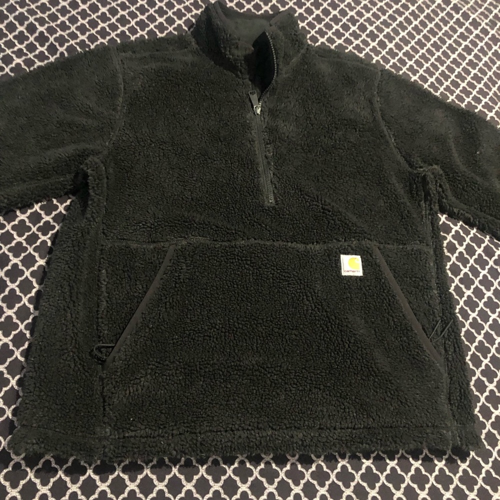 Carhartt Men's Black Sherpa Pullover Jacket Medium Mock Neck Zipper Pockets De6